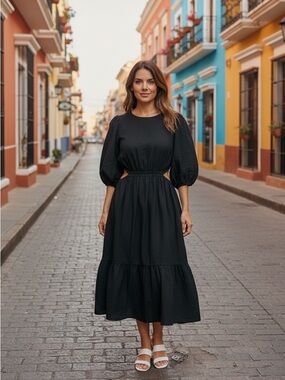 Ingrid & Isabel Navy Midi Dress with Puff Sleeves and Waist Cutouts